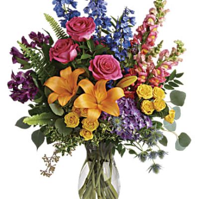 <div id="mark-3" class="m-pdp-tabs-marketing-description">A rainbow of beauty for any occasion. Purple hydrangea, pink roses and orange lilies positively pop in this bright bouquet, featuring all the colors of the rainbow.</div>
 
<div id="desc-3">
<ul>
 	<li>This colorful bouquet includes purple hydrangea, pink roses, yellow spray roses, orange asiatic lilies, purple alstroemeria, blue delphinium, pink snapdragons, blue eryngium, huckleberry, oregonia, Israeli ruscus, sword fern, silver dollar eucalyptus, seeded eucalyptus, and lemon leaf.</li>
</ul>
</div>