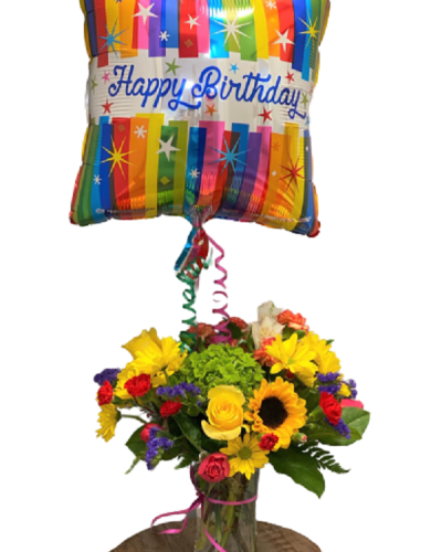 Send cheer and best wishes with the Bright & Beautiful Birthday Arrangement. Bold colors, the freshest blooms and a joyful balloon combine to create a festive feel for their special day. Handpicked happiness delivered.