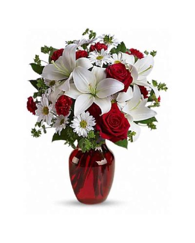<div class="m-pdp-tabs-description">
<div id="mark-1" class="m-pdp-tabs-marketing-description">

&nbsp;

<hr />

The spirit of love and romance is beautifully captured in this enchanting bouquet. It's the perfect gift for anyone you love.

</div>
</div>
Red roses and carnations are exquisitely arranged with white asiatic lilies and chrysanthemums in a ruby red glass vase. It's lovely.