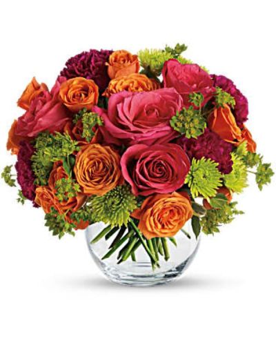 <div id="mark-2" class="m-pdp-tabs-marketing-description">Show your romantic side by

<hr />

sending this gorgeous bouquet of hot pink roses, orange spray roses and other fabulous faves in a charming glass bubble bowl. She'll love the gift, and you for having such amazingly good taste.</div>
<div id="desc-2">
<ul>
 	<li>This enchanting bouquet includes hot pink roses, orange spray roses, green button spray chrysanthemums, purple carnations and bupleurum.</li>
</ul>
</div>