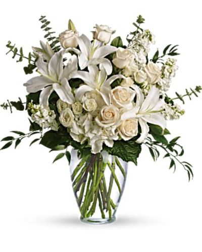 <div id="mark-3" class="m-pdp-tabs-marketing-description">A dreamy bouquet of white sympathy flowers is a comforting reminder of your love. The lush arrangement of soft colors is delivered in a majestic, tall glass vase.</div>
<div id="desc-3">
<ul>
 	<li>This gorgeous bouquet overflows with white hydrangea, crème roses, white spray roses, white oriental lilies, white stock, spiral eucalyptus, salal and Italian ruscus in a classic glass vase.</li>
</ul>
</div>