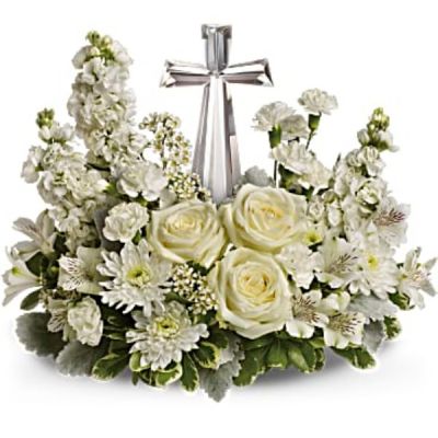 <div id="mark-3" class="m-pdp-tabs-marketing-description">An elegant display of faith and divine peace, this beautiful arrangement will comfort the bereaved in a truly thoughtful and respectful way. An exquisite crystal cross is surrounded by a bed of lovely blossoms. It is sure to be appreciated and always remembered.</div>
<div id="desc-3">
<ul>
 	<li>A fragrant mix of pure white blooms - including roses, alstroemeria, stock, carnations and waxflower - is accented with dusty miller and variegated pittosporum around an exclusive Crystal Cross keepsake</li>
</ul>
</div>