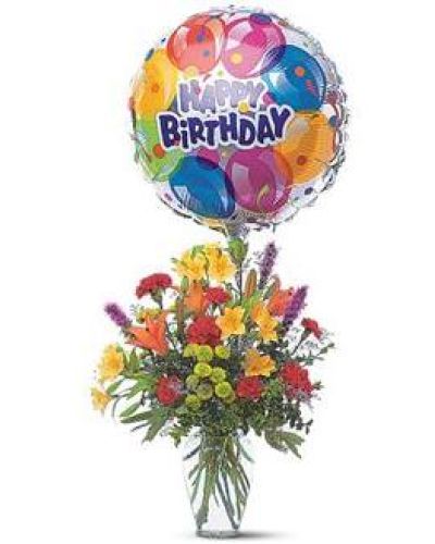 Take their birthday to brand new heights with this colorful arrangement of flowers and a high-flying birthday balloon.
Alstroemeria, carnations, chrysanthemums and lilies are delivered in a clear glass vase with attached foil balloon.