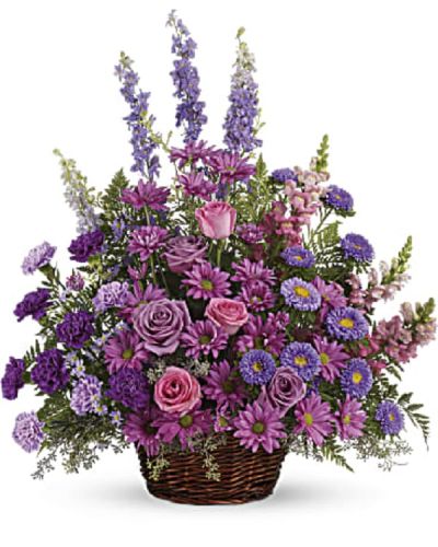 <div class="m-pdp-tabs-description">
<div id="mark-1" class="m-pdp-tabs-marketing-description">Soothing lavender, respectful purple and compassionate pinks are combined beautifully in this basket overflowing with pretty flowers. A lovely way to share your thoughts with someone special.</div>
</div>
<p id="arrngDescp">A profusion of purple, pink and lavender blooms such as roses, carnations, larkspur, matsumoto and monte cassino asters and much more are delivered in a round wicker basket.</p>