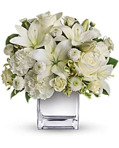 <p>This exquisite all-white bouquet in a dazzling mirrored silver cube may be petite, but it will make a huge impression.<br />
So much beauty for such a merrily modest price tag.<br />
The lovely bouquet includes white roses, white spray roses, white Asiatic lilies, white carnations and white button spray chrysanthemums accented with assorted greenery.</p>