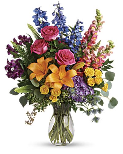 <div id="mark-3" class="m-pdp-tabs-marketing-description">A rainbow of beauty for any occasion. Purple hydrangea, pink roses and orange lilies positively pop in this bright bouquet, featuring all the colors of the rainbow.</div>
<p>&nbsp;</p>
<div id="desc-3">
<ul>
<li>This colorful bouquet includes purple hydrangea, pink roses, yellow spray roses, orange asiatic lilies, purple alstroemeria, blue delphinium, pink snapdragons, blue eryngium, huckleberry, oregonia, Israeli ruscus, sword fern, silver dollar eucalyptus, seeded eucalyptus, and lemon leaf.</li>
</ul>
</div>