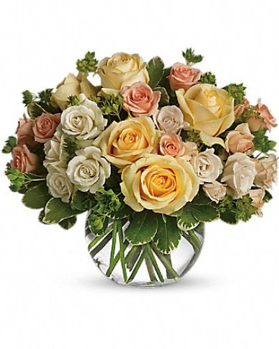 <div class="m-pdp-tabs-description">
<div id="mark-1" class="m-pdp-tabs-marketing-description">It will be a magic moment when this divine bowl of pastel roses is hand-delivered to someone special. Perfect for any occasion, the soft colors and variety of rose blossoms will soothe anyone's soul.</div>
</div>
<p id="arrngDescp">Beautiful yellow roses, peach and white spray roses and greens are delivered in a clear glass vase. The effect is magical.</p>