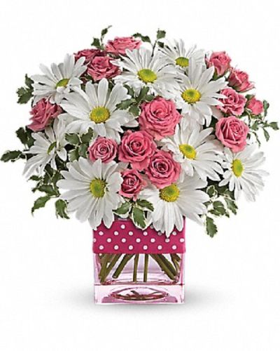 <div class="m-pdp-tabs-description">
<div id="mark-1" class="m-pdp-tabs-marketing-description">Polka dots and posies, they're the perfect pair. Well, at least in this pretty arrangement they are. Just the right flowers in just the right vase all wrapped up in… you guessed it, just the right ribbon.</div>
</div>
<p id="arrngDescp">Pink spray roses and white daisy spray chrysanthemums are delivered in an exclusive pink vase that's wrapped with a polka-dot satin ribbon</p>