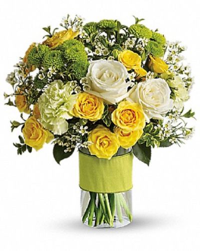 <div class="m-pdp-tabs-description">
<div id="mark-1" class="m-pdp-tabs-marketing-description">You could call or email that special someone, but why not put your feelings into flowers? They'll love this elegant array of white and yellow roses and other favorites in a stylish cylinder vase. They'll want to thank you in person.</div>
</div>
<p id="arrngDescp">This charming bouquet includes white roses, yellow spray roses, green carnations, green button spray chrysanthemums and white waxflower accented with assorted greenery.</p>