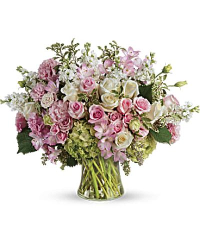<div id="mark-3" class="m-pdp-tabs-marketing-description">A truly bountiful bouquet that captures the beauty of your love, this grand display of pink and white roses is sure to make their heart soar!</div>
<p>&nbsp;</p>
<div id="desc-3">
<ul>
<li>This breathtaking bouquet features green hydrangea, pink roses, white roses, pink spray roses, light pink alstroemeria, pink lisianthus, white stock, pitta negra, and seeded eucalyptus.</li>
</ul>
</div>