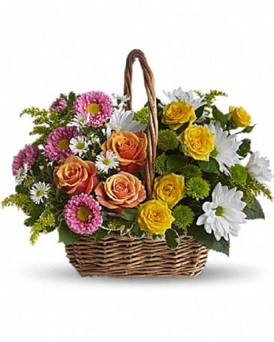 <div class="m-pdp-tabs-description">
<div id="mark-1" class="m-pdp-tabs-marketing-description">A basket full of bright blossoms will deliver the warmth of sunshine even when the skies seem gray. This beautiful gift will be appreciated for its life-affirming brilliance and your thoughtfulness at this time.</div>
</div>
<p id="arrngDescp">Brilliant blooms such as orange and yellow roses and spray roses mix with pink matsumoto asters, white daisy spray chrysanthemums, dazzling green button spray chrysanthemums, salal, pittosporum and more in a lovely rectangular basket with a handle.</p>